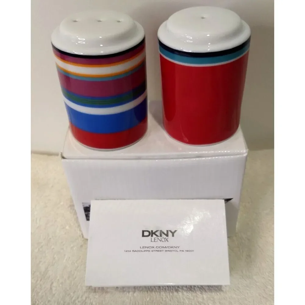 Lenox DKNY Urban Essentials Cherry Salt & Pepper Shakers Stackable Red - Stripes